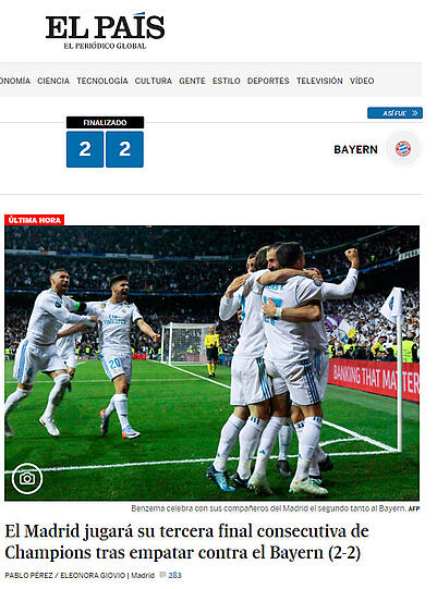 El Pais (Spanien): "Madrid wird nach einem Unentschieden gegen Bayern das dritte Champions League-Finale in Folge bestreiten"