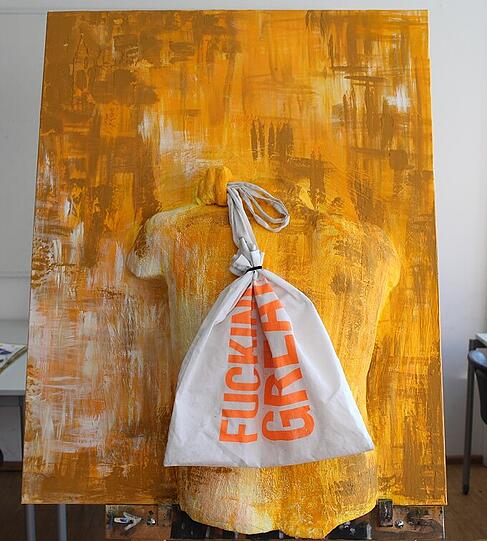 Pauline Hartl &bdquo;Lampedusa&ldquo;, Acryl auf Leinwand, 110 x 90 cm.