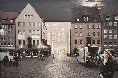 Der Blick vom Hauptmarkt zum Augustinerhof: Ein acht Meter hohes und neun Meter breites Portal soll die Passanten anlocken.
