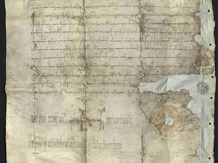 Die Kaiserurkunde von Otto II. von 892. Foto: -/Stadt- und Stiftsarchv Aschaffenburg/dpa
