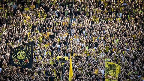BVB-Fans auf der Südtribüne feuern vor dem Spiel ihr Team an.