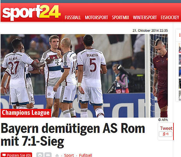 "Bayern demütigen AS Rom" schreibt das österreichische Online-Portal "sport24.at"