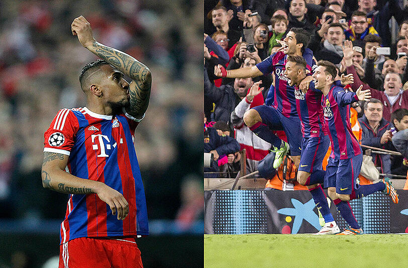 Jérôme Boateng hat es mit Barças Wundersturm zu tun. Luis Suárez, Neymar und Lionel Messi (v.l.) erzielten für den FC Barcelona bereits 108 Pflichtspieltore in dieser Saison.
