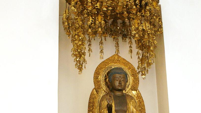 Bürgerreporterin Martha Schlüter (58) zu Füßen des Buddhas Amida im Völkerkundemuseum.