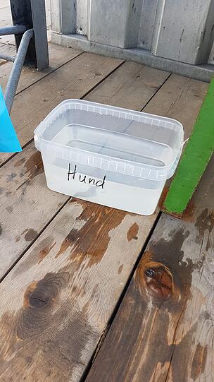 Ein Hundenapf in der Spaten-Kantine. Das Herrchen, einer der Aufbaumitarbeiter, ist hier Stammgast.