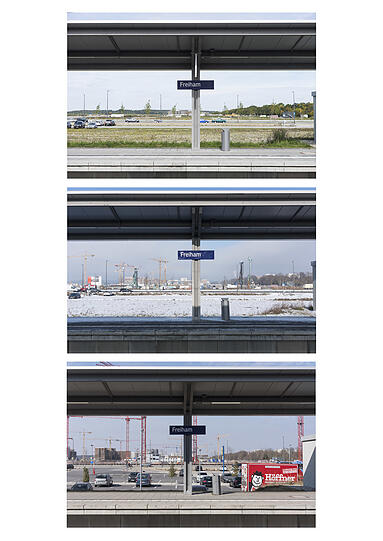 Wie sich der Blick über die Bodenseestraße in Richtung Norden vom S-Bahnhof Freiham aus verändert, zeigen diese Bilder: Oben im Oktober 2017. Mitte: 2020, hier schon mit einigen Genossenschaftshäusern im Bau. Unten: Im Frühjahr 2022 steht schon der Lidl-Parkplatz.