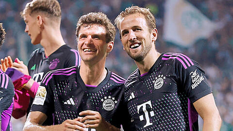 Rückgewinnung der Hierarchie: Mit Star-Zugang Harry Kane (r.) sollen Thomas Müller und - nach seiner Rückkehr - Manuel Neuer die Führungsachse der Bayern-Mannschaft bilden.