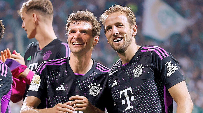 Rückgewinnung der Hierarchie: Mit Star-Zugang Harry Kane (r.) sollen Thomas Müller und - nach seiner Rückkehr - Manuel Neuer die Führungsachse der Bayern-Mannschaft bilden.