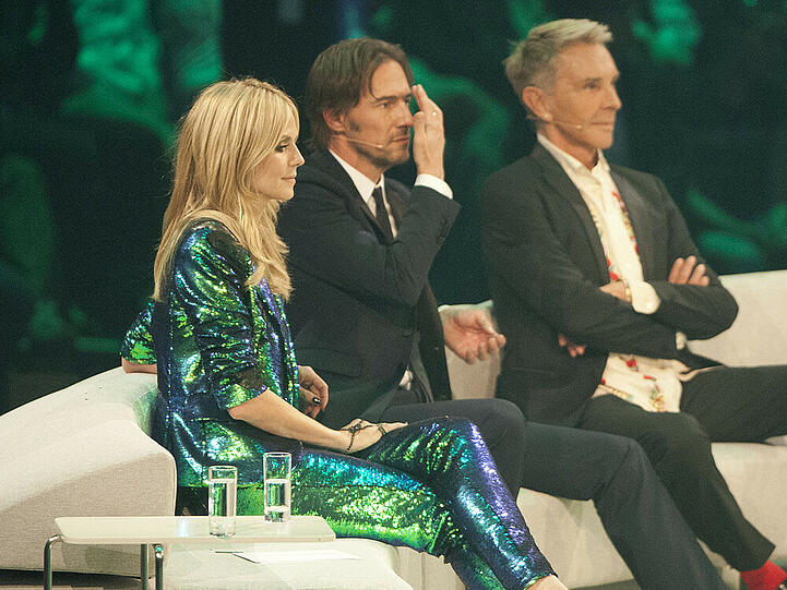 Die "GNTM"-Jury Heidi Klum, Thomas Hayo und Wolfgang Joop (r.) während des Finals 2015 in der SAP Arena in Mannheim