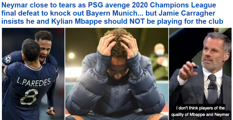 Die "Daily Mail" aus England: "Neymar nach Paris-Rache den Tränen nahe." TV-Experte Jamie Carragher sagt nach dem Spiel, er und Kylian Mbappé sollten nicht für Paris spielen. Der Grund: Die französische Liga sei für die beiden Spieler zu schlecht.