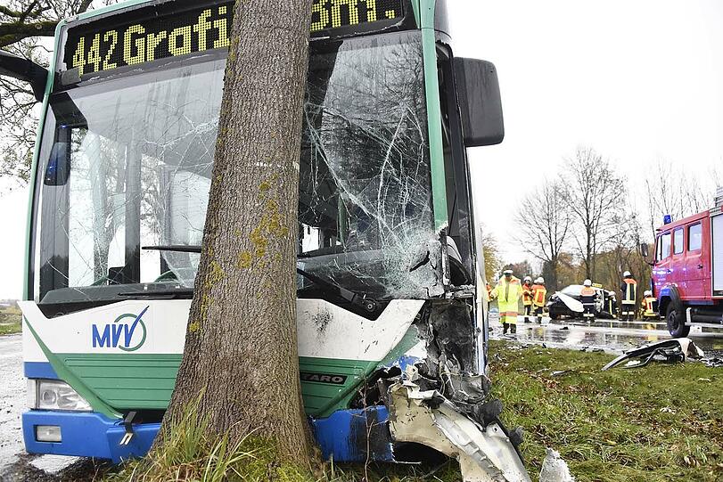Der Bus knallte gegen einen Baum. Im Hintergrund ist das Wrack des Taxis zu sehen.