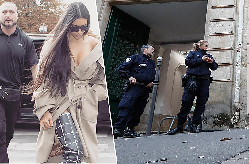 Links: Eins der letzten Fotos, die Kim Kardashian auf Instagram postete. Rechts: Polizisten stehen vor dem Luxus-Hotel, wo der Reality-Star in Paris überfallen wurde.