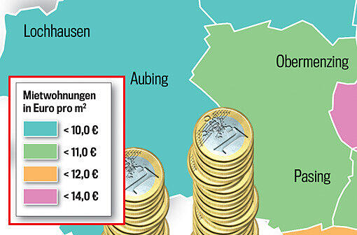 So teuer ist Wohnen in München! Die Münchner Stadtviertel sind in dieser Grafik je nach Quadratmeterpreis eingefärbt. Klicken Sie einfach durch die Quartiere.