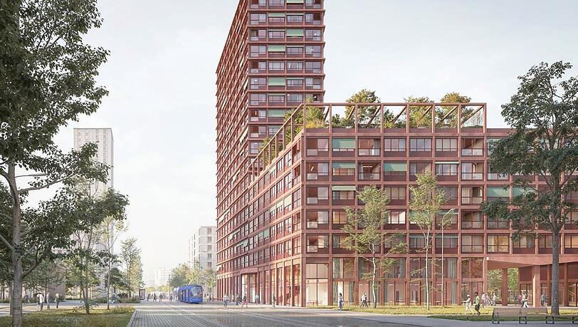 So soll das große Wohnhaus am neuen Quartiersplatz einmal aussehen. Die  städtische Wohnungsbaugesellschaft errichtet es. Auch eine Bibliothek und die Volkshochschule werden einziehen.