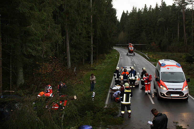 Baum zerquetscht Auto: Die Bilder vom Rettungseinsatz