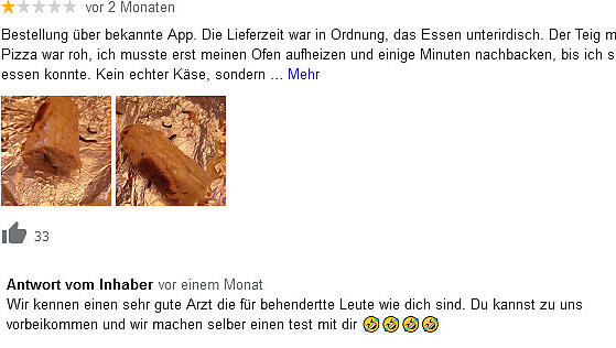 Kritik am eigenen Produkt scheint in der Pizzeria Volante nicht gut anzukommen. Kritik am eigenen Produkt scheint in der Pizzeria Volante nicht gut anzukommen.