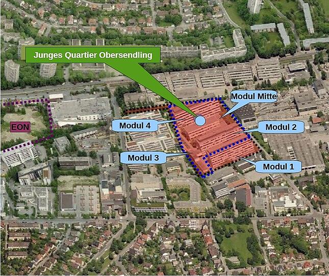 Hier entsteht das geplante Quartiersprojekt: In Modul 2 und 4 sollen die Wohnheime untergebracht werden, in Modul 1 das Sozialbürgerhaus und in Modul 3 und dem Modul Mitte die verschiedenen sozialen Trägervereine.