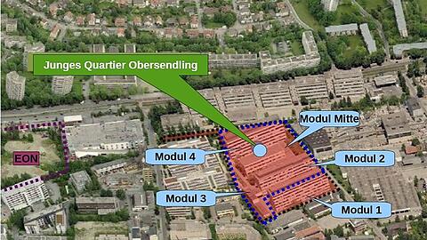Hier entsteht das geplante Quartiersprojekt: In Modul 2 und 4 sollen die Wohnheime untergebracht werden, in Modul 1 das Sozialbürgerhaus und in Modul 3 und dem Modul Mitte die verschiedenen sozialen Trägervereine.