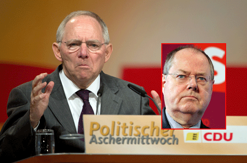 Harten Tobak gab es für Steinbrück auch von Finanzminister Wolfgang Schäuble (CDU). Der SPD-Spitzenkandidat sei &bdquo;verbiestert&ldquo;. &bdquo;Vielleicht liegt es daran, dass er jetzt das Gegenteil von dem
vertreten muss, was er früher gesagt hat&ldquo;, sagte Schäuble. Zu Steinbrücks Stolperfallen in den vergangenen Wochen, etwa dessen Aussagen zum Kanzlergehalt, sagte der Finanzminister: &bdquo;Manchmal kommt es einem schon komisch vor. Also es gibt ja nicht mehr viele Fettnäpfchen.&ldquo;