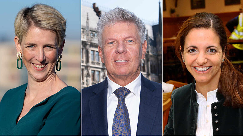 Kandidieren für das Amt des Münchner Oberbürgermeisters: Katrin Habenschaden von den Grünen (l.), der amtierende OB Dieter Reiter von der SPD und CSU-Kandidatin Kristina Frank.
