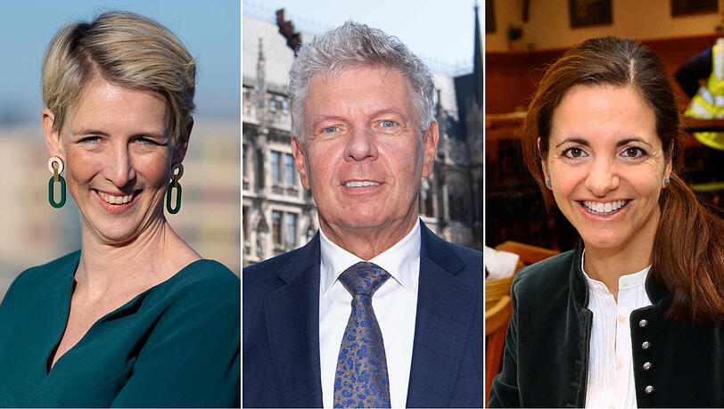 Kandidieren für das Amt des Münchner Oberbürgermeisters: Katrin Habenschaden von den Grünen (l.), der amtierende OB Dieter Reiter von der SPD und CSU-Kandidatin Kristina Frank. Kandidieren für das Amt des Münchner Oberbürgermeisters: Katrin Habenschaden von den Grünen (l.), der amtierende OB Dieter Reiter von der SPD und CSU-Kandidatin Kristina Frank.