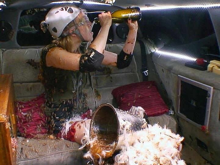 Larissa genießt zwischen Kakerlaken und Mehlwürmern einen Schluck Champagner