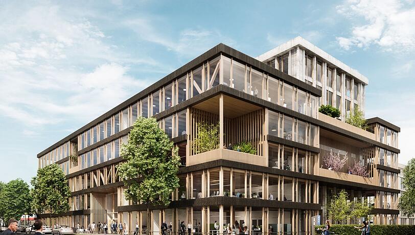 Noch ein Holzhybrid-Bürogebäude wird bald in München fertig: So soll das "Tri" an der Elsenheimerstraße in Laim einmal aussehen. Noch ein Holzhybrid-Bürogebäude wird bald in München fertig: So soll das "Tri" an der Elsenheimerstraße in Laim einmal aussehen.