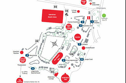 Der Tollwood-Lageplan. Die Ziffern kennzeichnen den jeweiligen Tipp im untenstehenden Text.