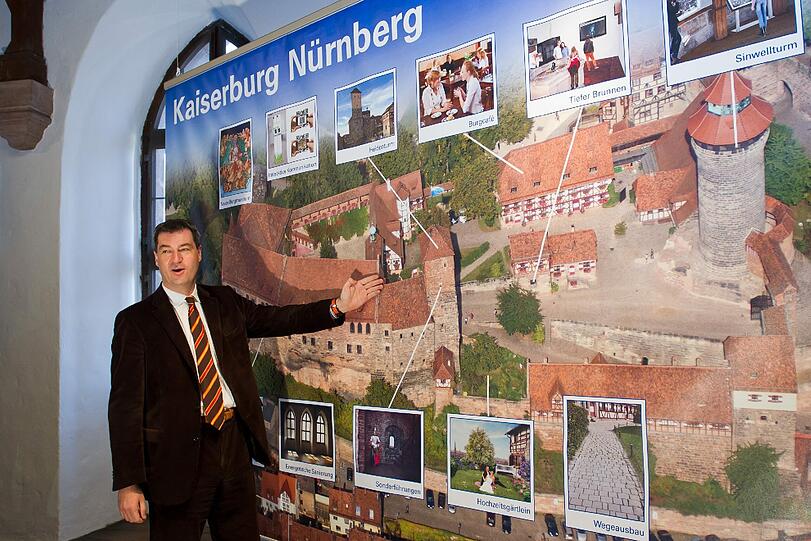 Ritter Markus: Vor der Nürnberger Kaiserburg hält Söder ein Bihänder-Schwert in den Händen. Rund 15,8 Millionen Euro investiert der Freistaat in den Ausbau des Nürnberger Wahrzeichens. Das Geld wird in Sanierungen, Neugestaltungen und den Bau eines Besucherinformationszentrums sowie in ein Burgcafé gesteckt.