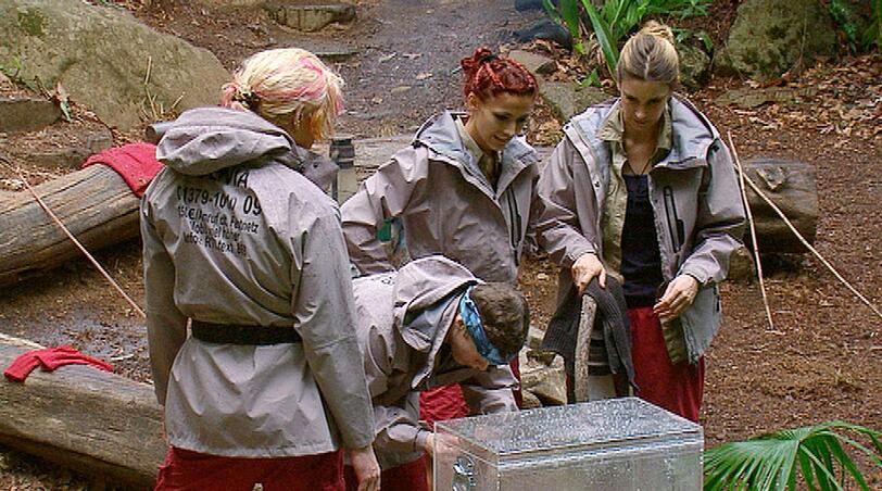 Olivia Jones und Joey Heindle haben es mit der Schatztruhe und Claudelle Deckerts Geburtagskuchen ins Camp geschafft.