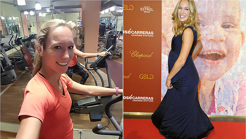 Die Schwangerschaft steht ihr – und wie! Christine Theiss bei der Carreras-Gala in Berlin (r.) und beim Sport (l.). Die Schwangerschaft steht ihr – und wie! Christine Theiss bei der Carreras-Gala in Berlin (r.) und beim Sport (l.).