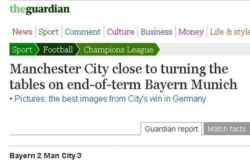 Ja, und besonders interessiert uns die Meinung der englischen Presse. Der "Guardian": "Manchester City knapp am Drehen der Tabelle" - ein Tor fehlte auf den Gruppensieg.