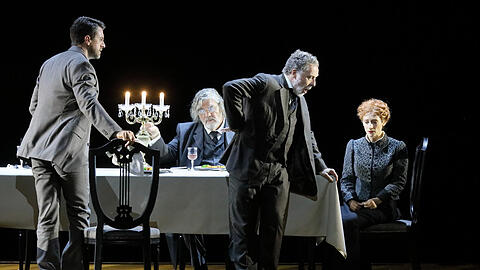 Ben Bliss (Pélleas), Franz-Josef Selig (Arkel), Christian Gerhaher (Golaud) und Sabine Devieilhe (Mélisande).