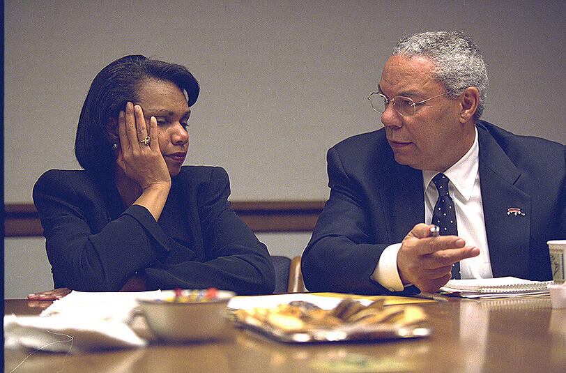 9/11 aus der Sicht der US-Regierung: Interne Fotos aus dem weißen Haus zeigen Vizepräsident Cheney, die Nationale Sicherheitsberaterin Condoleezza Rice, Außenminister Colin Powell und US-Präsident Bush am 11. September 2001.