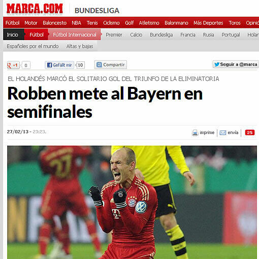 "Robben bringt Bayern ins Halbfinale", schreiben die Kollegen von "Marca.com".