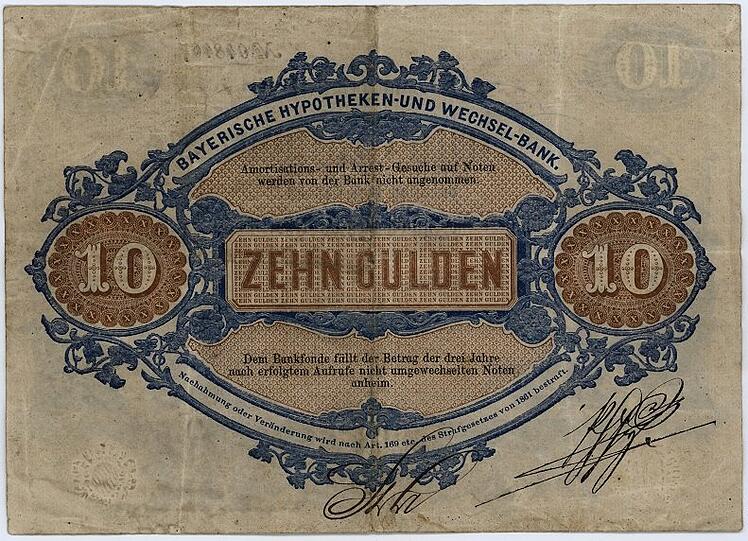 Der 10-Gulden-Schein hat erstmals eine Rückseite - mit der Unterschrift des Kupferstechers.