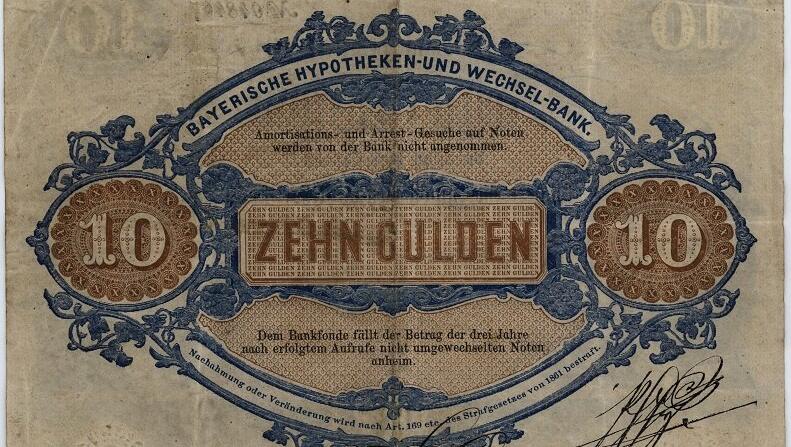 Der 10-Gulden-Schein hat erstmals eine Rückseite - mit der Unterschrift des Kupferstechers.