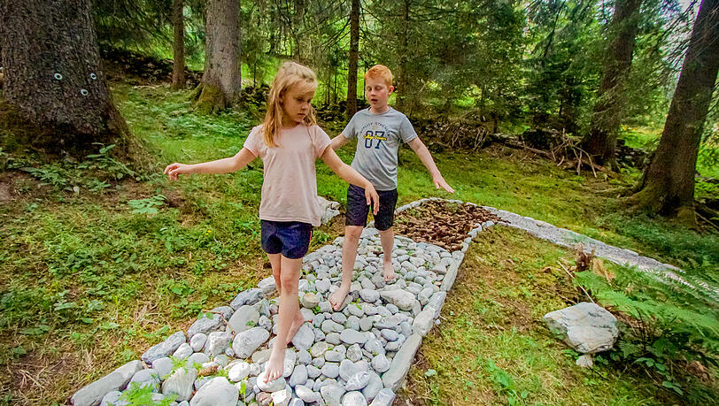 Große und kleine Wanderer erleben die Naturkraft auf dem Barfußweg und Balance-Parcours. Große und kleine Wanderer erleben die Naturkraft auf dem Barfußweg und Balance-Parcours.