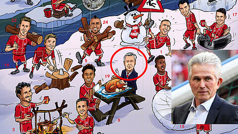 Advent, Advent! Carlo Ancelotti ist passé - und bekommen Bayern-Fans den neuen Coach Jupp Heynckes als Comic-Konterfei mitgeliefert, wenn sie den offiziellen Adventskalender des deutschen Rekordmeisters bestellen.