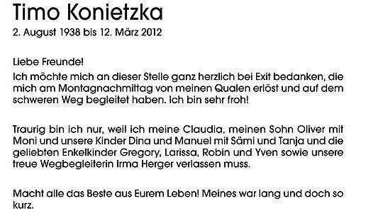 Timo Konietzka: Vor seinem Tod schrieb er seine Todesanzeige Timo Konietzka: Vor seinem Tod schrieb er seine Todesanzeige