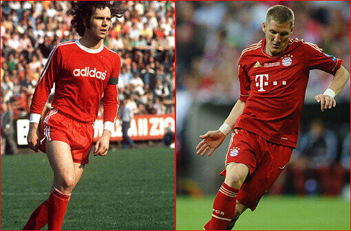 KAISER SCHWEINSTEIGER: Natürlich stimmen die Positionen nicht ganz, aber Franz Beckenbauer (l.) war Spielgestalter und Führungsfigur. Der &bdquo;Kaiser&ldquo; steht für die Erfolge der 70er, Schweinsteiger (r.), der Mittelfeld-Chef, wie kaum ein anderer der aktuellen Mannschaft für Wembley 2013. Den jungen Mann (erst 28) mit den grauen Schläfen rufen die Fans &bdquo;Fußballgott&ldquo;, da ist es bis zum Neuzeit-Kaiser auch nicht mehr weit.