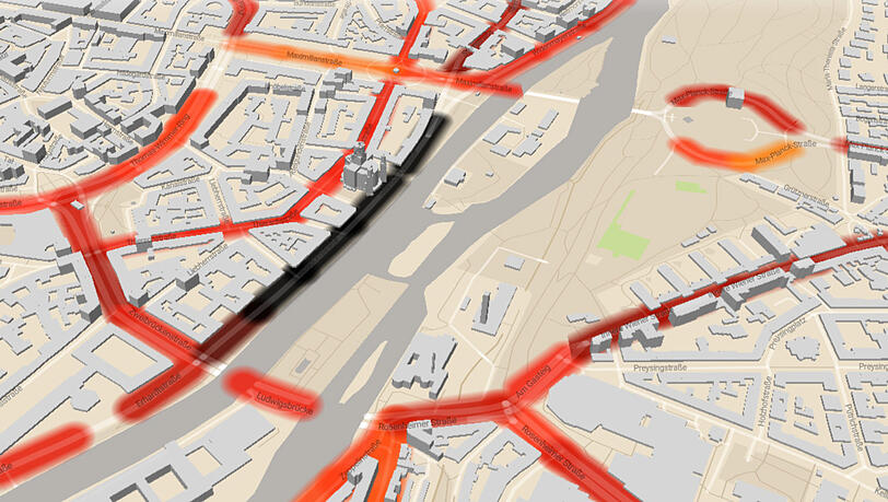 Völlig verpestet: Die Steinsdorfstraße entlang der Isar. Völlig verpestet: Die Steinsdorfstraße entlang der Isar.