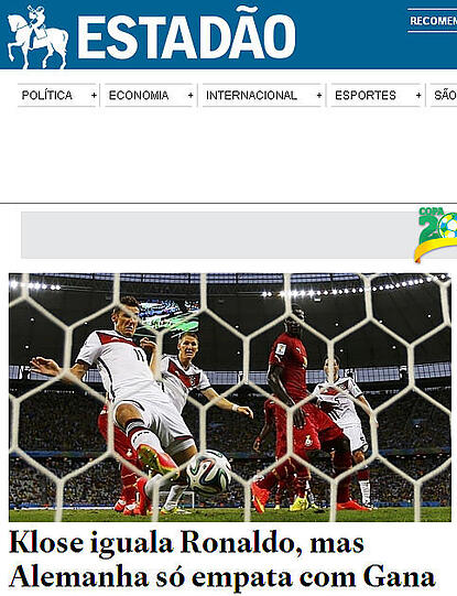 Die Estadao schreibt über Klose, der den Torrekord beim Unetschieden gegen Ghana von Ronaldo einstellt.