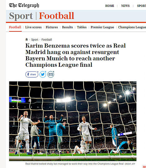 The Telegraph (Großbritannien): "Karim Benzema trifft zweimal, Real Madrid erreicht gegen den wieder auferstehenden FC Bayern München ein weiteres Champions-League-Finale"