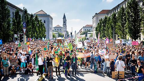Zahlreiche Teilnehmer einer Demonstration der Klimaschutzbewegung Fridays for Future stehen mit ihren Schildern auf der Ludwigstraße.