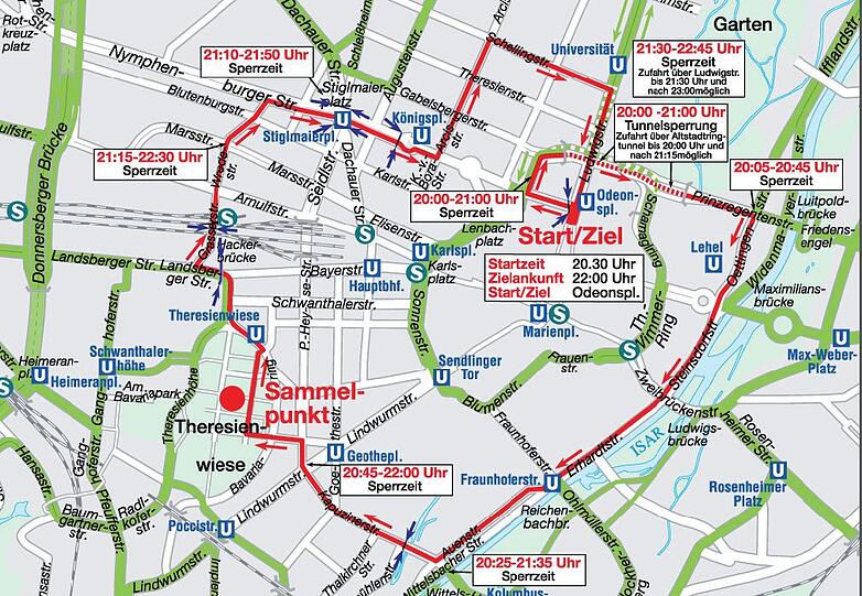 ... hier der Plan mit den Autosperren am Samstagabend.