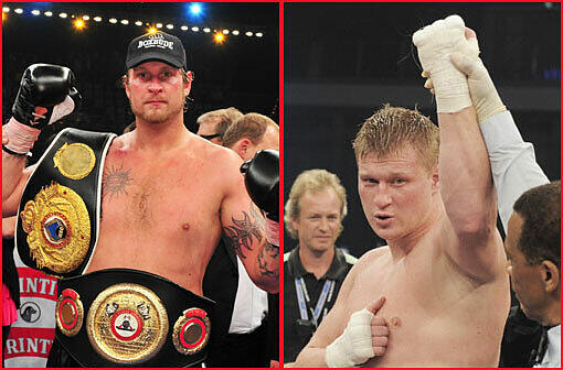 Wer darf gegen die Klitschkos antreten? Robert Helenius (l.) und Alexander Powetkin wollen sich am Samstag als Herausforderer etablieren.
