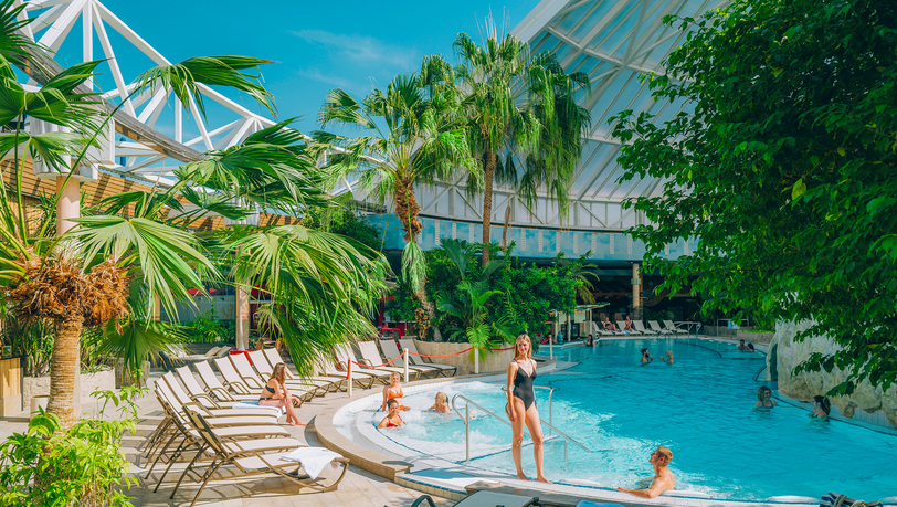 Die Therme Erding ein wahres Urlaubsparadies mit Palmen und türkis-glitzernden Wasser. Die Therme Erding ein wahres Urlaubsparadies mit Palmen und türkis-glitzernden Wasser.