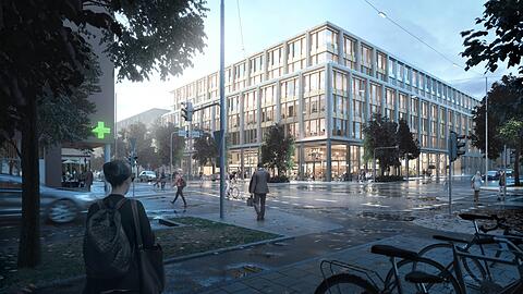 Auf dem Karstadtareal am Nordbad soll bis 2024 ein Neubau mit Büros, Supermarkt, Restaurant, Kindertagesstätte und Bäckerei entstehen.