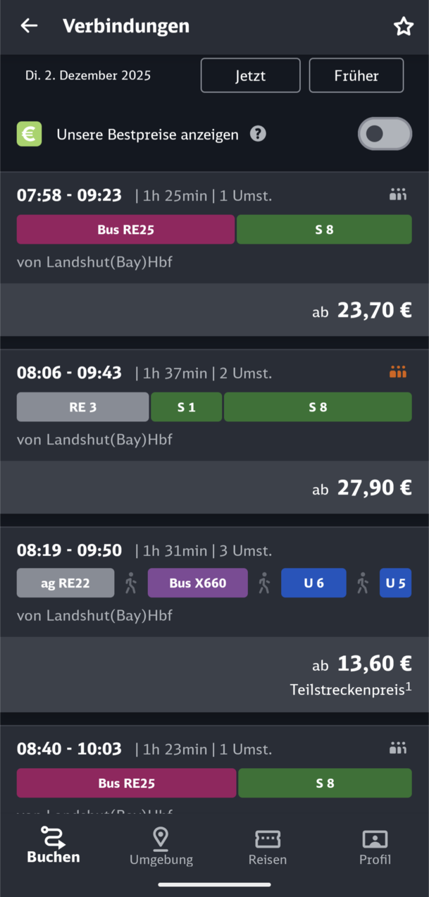 Als Beispiel eine morgendliche Route am 2. Dezember von Landshut aus zum Hauptbahnhof in München.